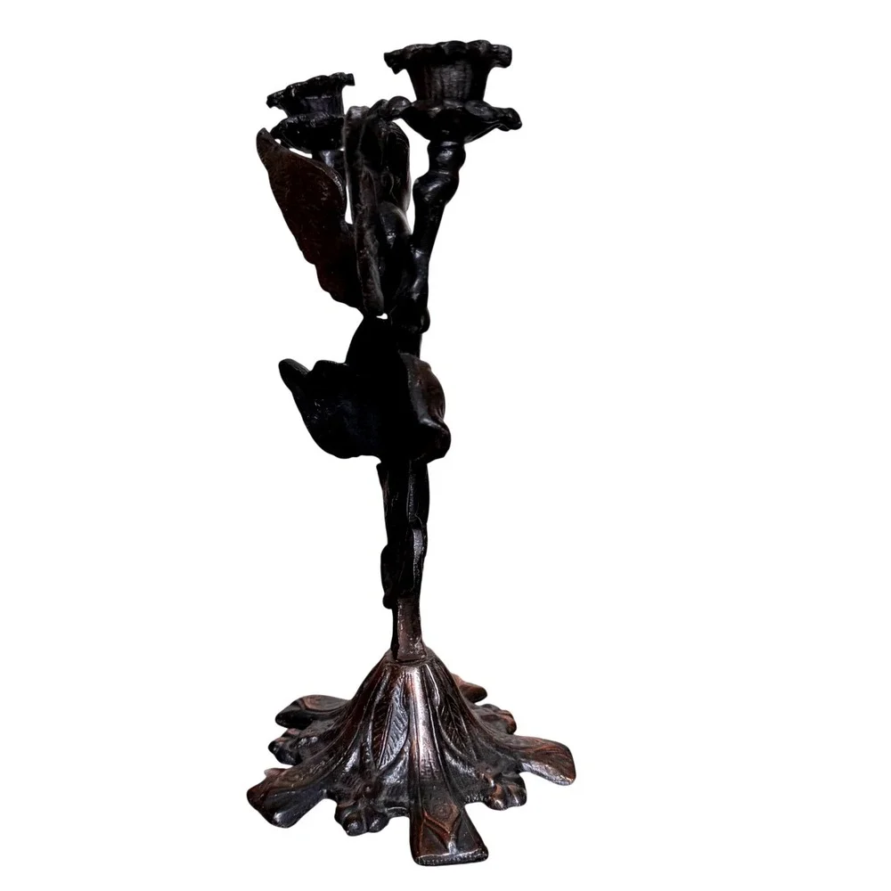 Vtg Winged Fairy Angel Candelabra Cast‎ Metal Double Taper Art Nouveau  Bronze